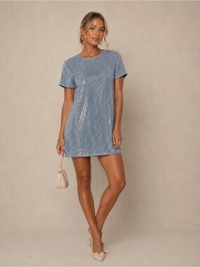 Lovers + Friends Lois Dusty Blue Sequin Shift Dress Size M